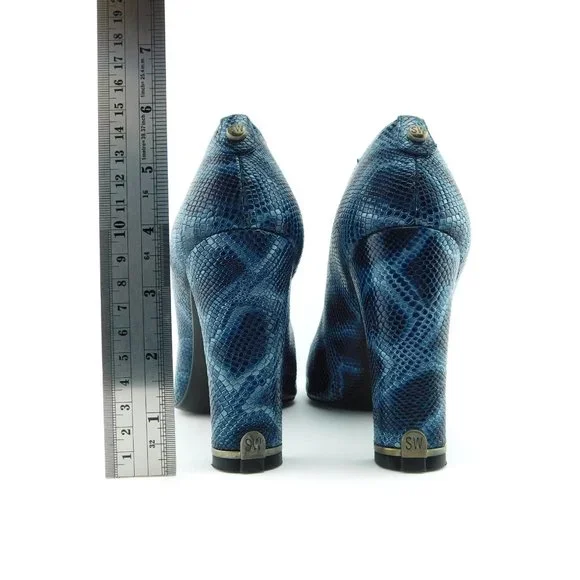 STUART WEITZMAN Blue Snake Textured Leather SW Logo Block